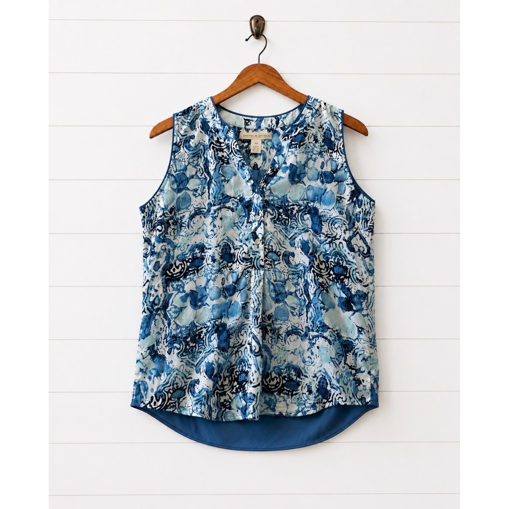 Hanna & Gracie Sleeveless Blue Print Blouse Size Small High Low Hem Top